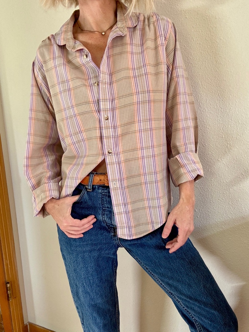 Vtg 90s Nantucket Pastel Plaid Button Up Shirt Preppy Coastal Oversized Beige